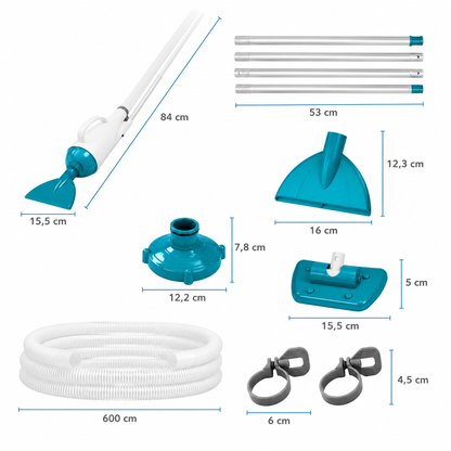 Set de curatare piscine manual PoolClean idealSTORE, Debit pompa filtrare 2006L/h, Lungime furtun aspirare 6m, Maner 1.9m