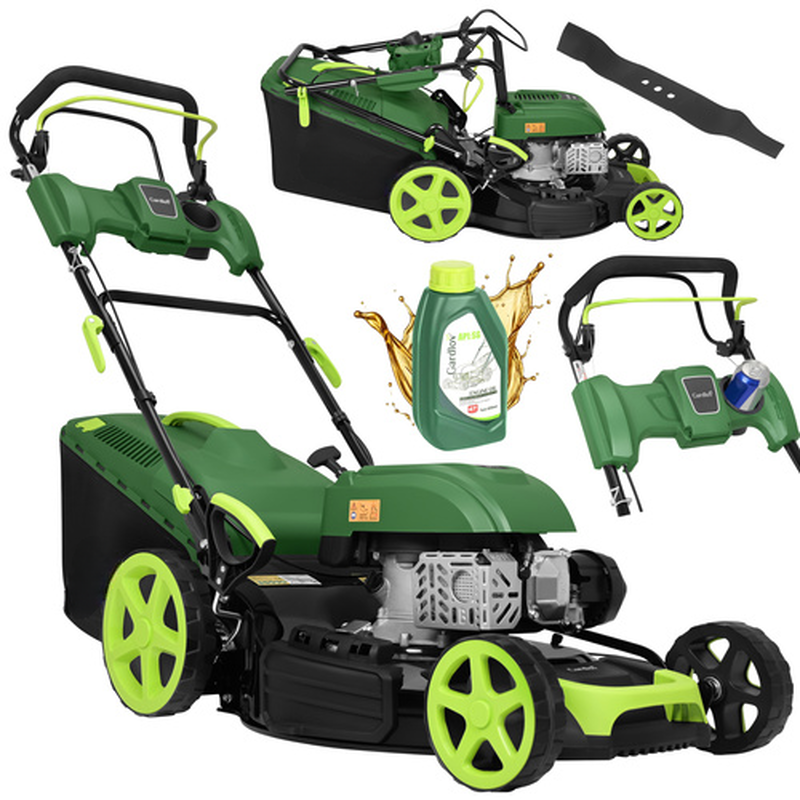 Masina de tuns gazonul pe benzina DriveXPro idealSTORE, Pornire manuala, Are 8 trepte de reglare, Autotractare 5.5 CP, Cos colector pentru iarba 60L, Latime taiere 508mm, Pornire usoara si utilizare simpla