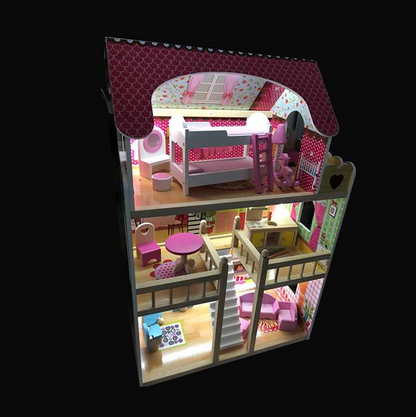 Casa de papusi din lemn cu mobilier din lemn si iluminat cu LED, TimeTrade, 90 x 59 x 30 cm