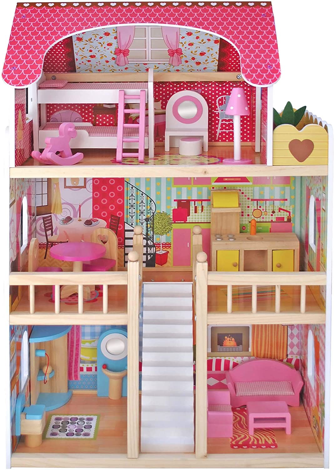 Casa de papusi din lemn cu mobilier din lemn si iluminat cu LED, TimeTrade, 90 x 59 x 30 cm