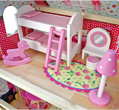 Casa de papusi din lemn cu mobilier din lemn si iluminat cu LED, TimeTrade, 90 x 59 x 30 cm