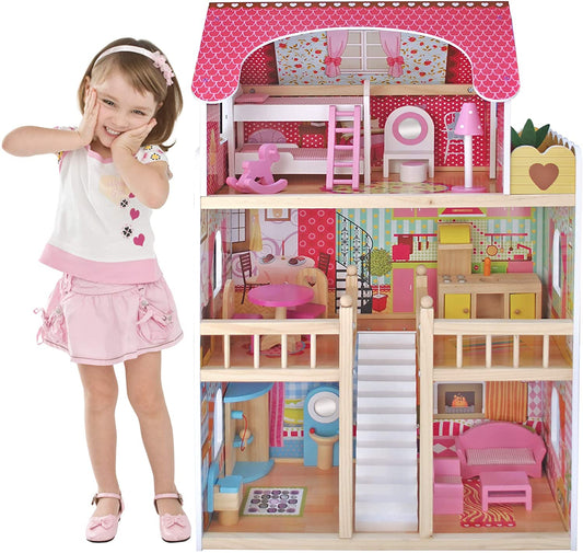 Casa de papusi din lemn cu mobilier din lemn si iluminat cu LED, TimeTrade, 90 x 59 x 30 cm