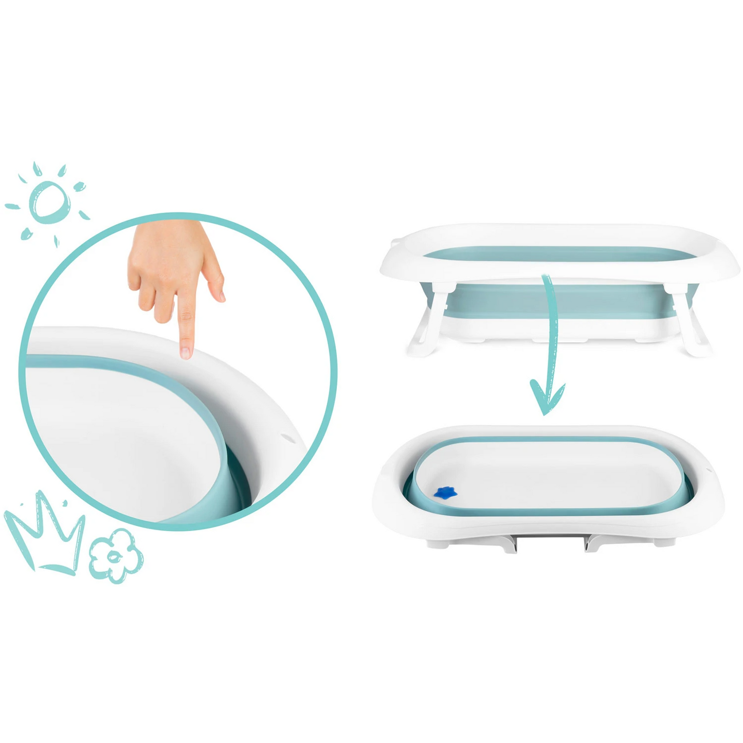 Cadita Pliabila si Portabila, KidsBath, KinderVibe, Dop cu Senzor de Temperatura, Design Ergonomic, Picioare Antiderapante, Confortabila, Sarcina Maxima 45Kg, Alb/Albastru