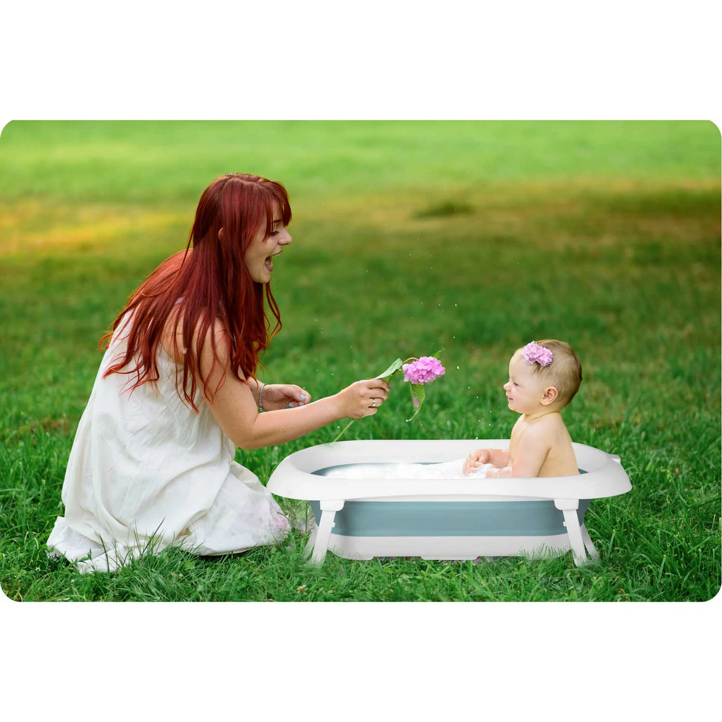 Cadita Pliabila si Portabila, KidsBath, KinderVibe, Dop cu Senzor de Temperatura, Design Ergonomic, Picioare Antiderapante, Confortabila, Sarcina Maxima 45Kg, Alb/Albastru