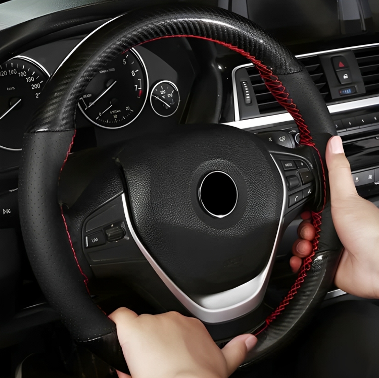 Husa volan IdealStore, piele cu gaurele, Marime M, Culoare negru carbon cu cusatura rosie