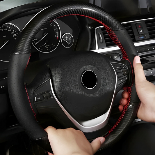 Husa volan IdealStore, piele cu gaurele, Marime M, Culoare negru carbon cu cusatura rosie