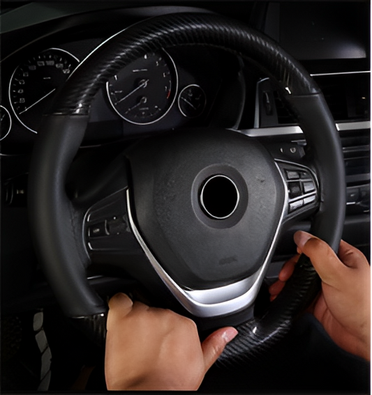 Husa volan IdealStore, piele cu gaurele marime M, Culoare negru carbon cu cusatura gri