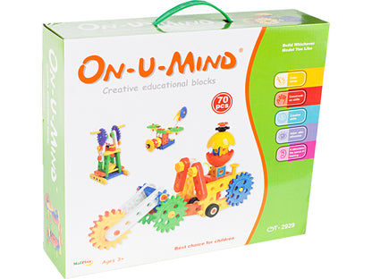 Set de Constructie idealStore ON-U-MIND BLOCK, 70 de ELEMENTE ce va permit sa creati STRUCTURI UNICE, VEHICULE sau ROBOTI, Sprijina Dezvoltarea CREATIVITATII si a ABILITATILOR Manuale, Joaca cu acestea IMBUNATATESTE coordonarea vizual-motorie