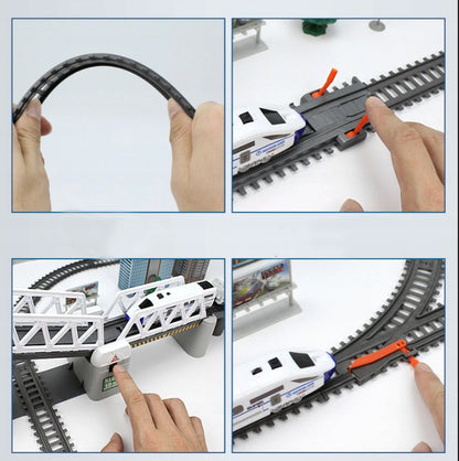 Circuit Trenulet Electric, Locomotiva cu Vagon, Pod Mobil, Tuneluri, Lungime Cale Ferata 366 cm, Efecte Luminoase, Elemente de Decor, 147 x 45.5 cm, Multicolor
