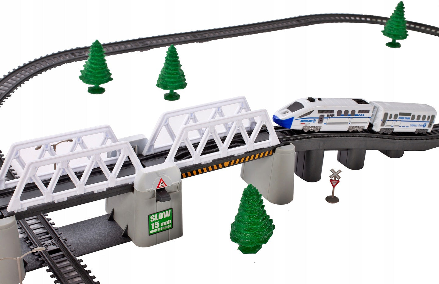 Circuit Trenulet Electric, Locomotiva cu Vagon, Pod Mobil, Tuneluri, Lungime Cale Ferata 366 cm, Efecte Luminoase, Elemente de Decor, 147 x 45.5 cm, Multicolor