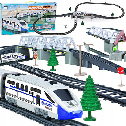 Circuit Trenulet Electric, Locomotiva cu Vagon, Pod Mobil, Tuneluri, Lungime Cale Ferata 366 cm, Efecte Luminoase, Elemente de Decor, 147 x 45.5 cm, Multicolor