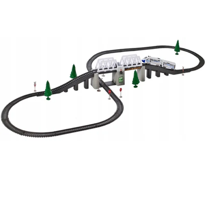 Circuit Trenulet Electric, Locomotiva cu Vagon, Pod Mobil, Tuneluri, Lungime Cale Ferata 366 cm, Efecte Luminoase, Elemente de Decor, 147 x 45.5 cm, Multicolor