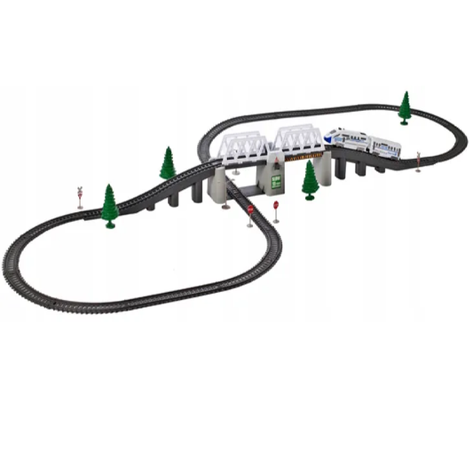 Circuit Trenulet Electric, Locomotiva cu Vagon, Pod Mobil, Tuneluri, Lungime Cale Ferata 366 cm, Efecte Luminoase, Elemente de Decor, 147 x 45.5 cm, Multicolor