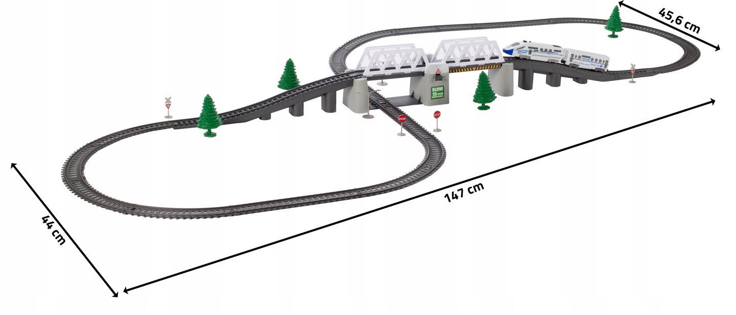 Circuit Trenulet Electric, Locomotiva cu Vagon, Pod Mobil, Tuneluri, Lungime Cale Ferata 366 cm, Efecte Luminoase, Elemente de Decor, 147 x 45.5 cm, Multicolor