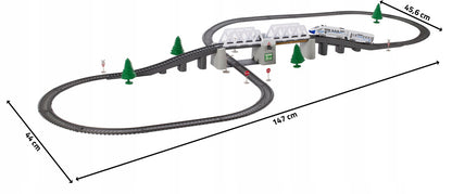 Circuit Trenulet Electric, Locomotiva cu Vagon, Pod Mobil, Tuneluri, Lungime Cale Ferata 366 cm, Efecte Luminoase, Elemente de Decor, 147 x 45.5 cm, Multicolor