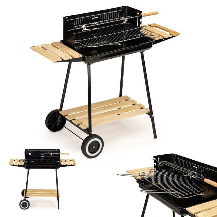Gratar de gradina IdealStore cu rotisor manual, gratar inox 52x32 cm, inaltime reglabila, roti si 3 rafturi