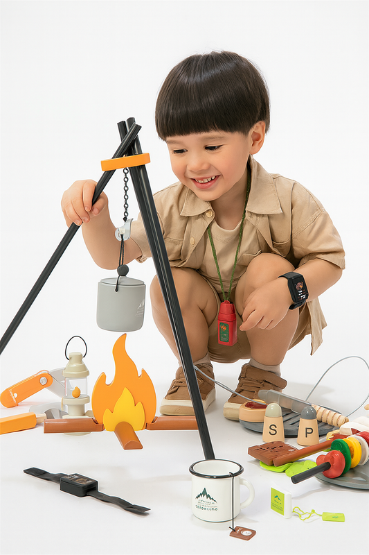 Set de Joaca din Lemn Pentru Copii Simulare Camping idealSTORE, Include 45 de Accesorii, Lanterna, Ustensile de Bucatarie in Miniatura, Legume, Cutit, Gratar si multe altele, Stimuleaza Imaginatia si Incurajeaza Jocul de Rol
