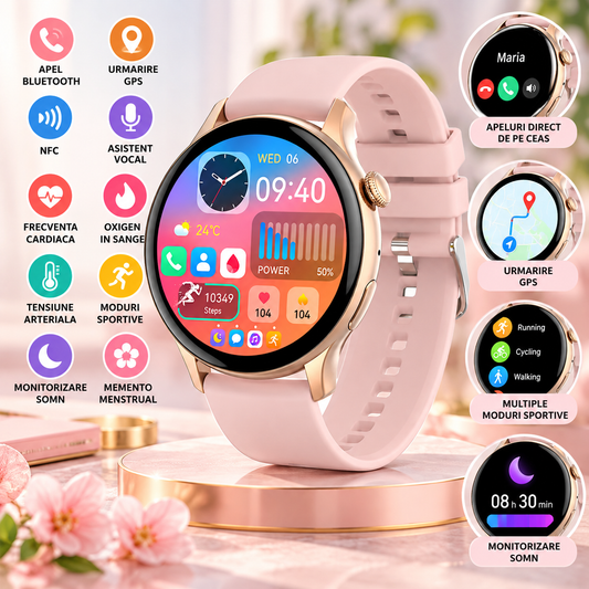 Ceas Smartwatch New Style Collection IdealStore, Ecran AMOLED HD 1.43 inch, Preluare Apeluri si Mesaje Bluetooth, NFC, Monitorizare Ritm Cardiac si Somn, Asistent Vocal, Difuzor si Microfon incorporat, IP67, Android-IOS, Long Battery, Gold Edition