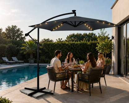 Umbrela de Gradina cu Lumini idealSTORE LightGarden, 24 de LED-uri incorporate, Deschidere 300 cm, Pliabila, Cadru Solid