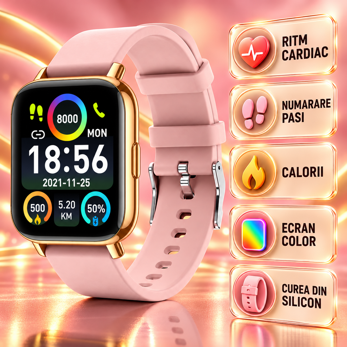 Ceas SmartWatch Gold Star idealSTORE, Ecran TFT 1,69, Android/IOS, Bluetooth, Difuzor-Microfon, Control Muzica, Camera, Apeluri, Norificari, Vreme, Fitness Traker, IP67, Monitorizare Somn, Ritm Cardiac, Tensiune Arteriala, SpO2, Sport, Pedometru
