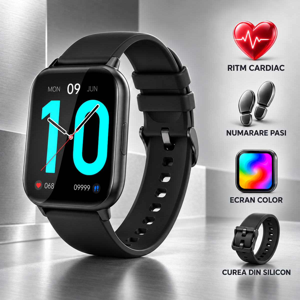Smartwatch idealSTORE SaphirVision, Apel Bluetooth, Ecran HD Curbat 1,91 inchi, Monitorizare Fitness, Ritm Cardiac si Tensiune Arteriala, Compatibil iOS/Android, Negru