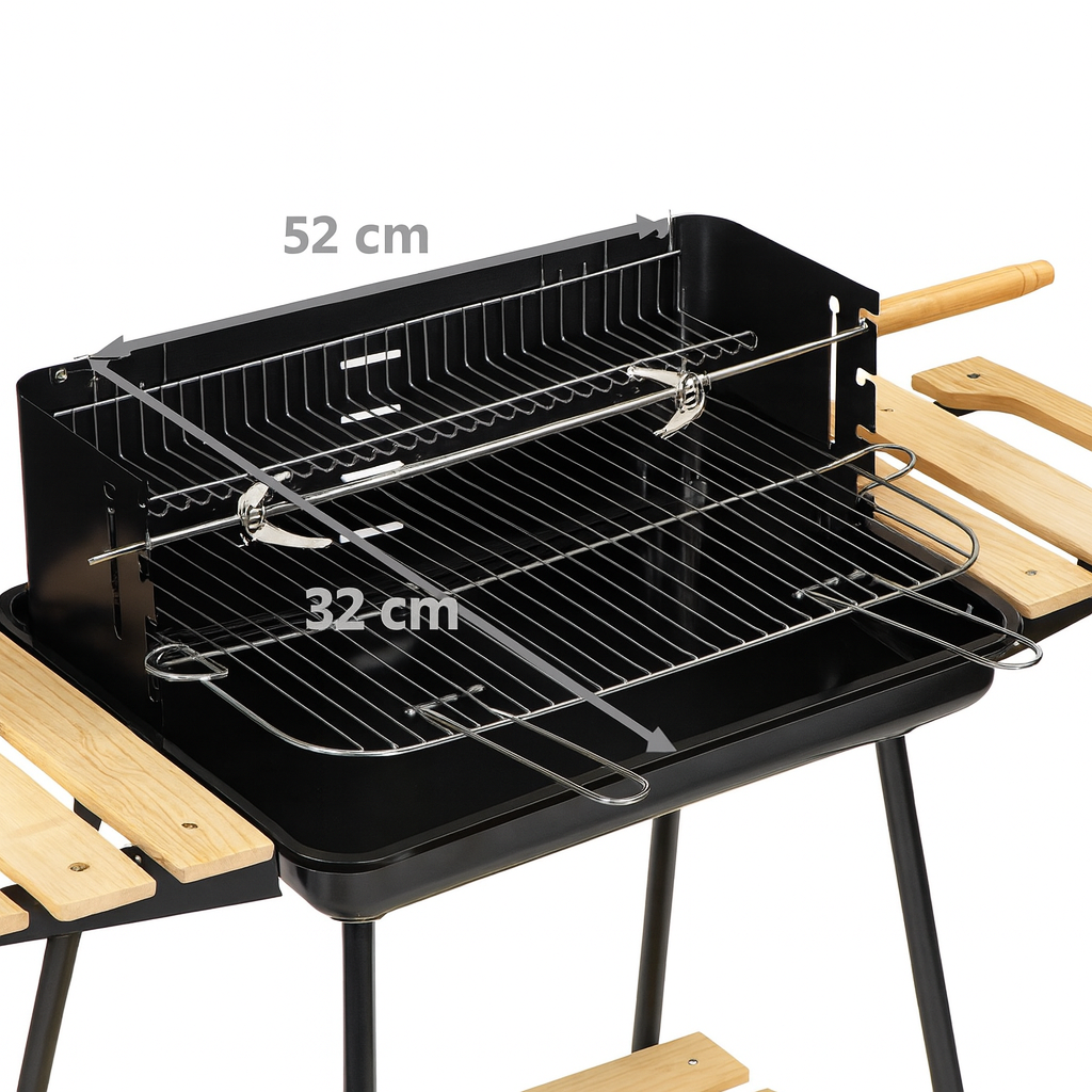 Gratar de gradina IdealStore cu rotisor manual, gratar inox 52x32 cm, inaltime reglabila, roti si 3 rafturi