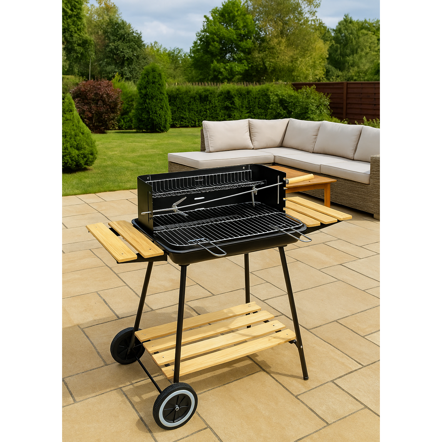 Gratar de gradina IdealStore cu rotisor manual, gratar inox 52x32 cm, inaltime reglabila, roti si 3 rafturi