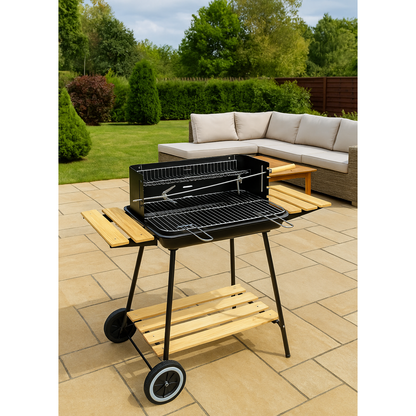 Gratar de gradina IdealStore cu rotisor manual, gratar inox 52x32 cm, inaltime reglabila, roti si 3 rafturi
