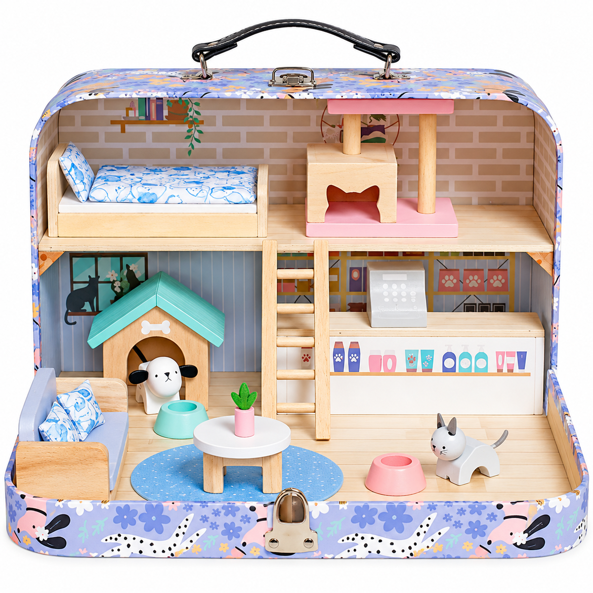 Casuta de papusi din lemn idealstore Pet House, tip valiza portabila si pliabila, cu 2 etaje, mobilier si accesorii miniaturale