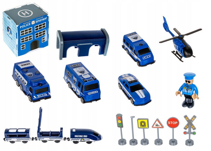 Set Trenulet de Jucarie, Police Department, Include Locomotiva Electrica si Vehicule de Politie, Indicatoare Rutiere, 92 Elemente, Albastru