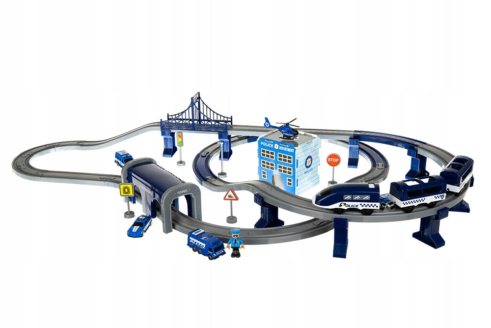 Set Trenulet de Jucarie, Police Department, Include Locomotiva Electrica si Vehicule de Politie, Indicatoare Rutiere, 92 Elemente, Albastru