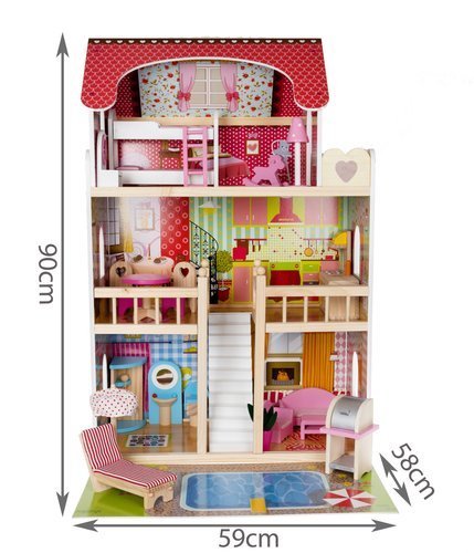 Casuta pentru Papusi XXL din Lemn Natural fara margini, 'Happy Doll House', pe 3 Etaje,Balcon, Multiple Piese de Mobilier si 4 Figurine Incluse, 90 CM Inaltime, Iluminare LED, Gratar, Piscina, Terasa