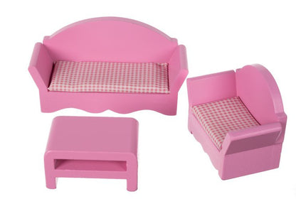 Casuta pentru Papusi XXL din Lemn Natural fara margini, 'Happy Doll House', pe 3 Etaje,Balcon, Multiple Piese de Mobilier si 4 Figurine Incluse, 90 CM Inaltime, Iluminare LED, Gratar, Piscina, Terasa