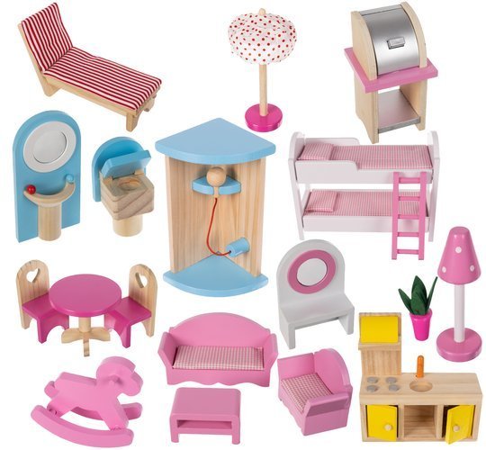 Casuta pentru Papusi XXL din Lemn Natural fara margini, 'Happy Doll House', pe 3 Etaje,Balcon, Multiple Piese de Mobilier si 4 Figurine Incluse, 90 CM Inaltime, Iluminare LED, Gratar, Piscina, Terasa