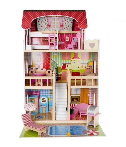 Casuta pentru Papusi XXL din Lemn Natural fara margini, 'Happy Doll House', pe 3 Etaje,Balcon, Multiple Piese de Mobilier si 4 Figurine Incluse, 90 CM Inaltime, Iluminare LED, Gratar, Piscina, Terasa