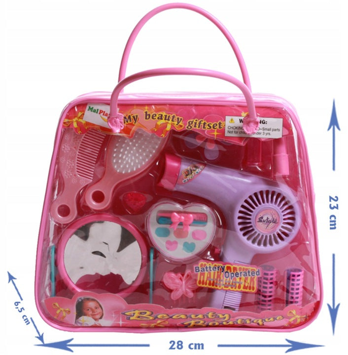 Trusa de Infrumusetare pentru Fetite, KinderVibe, cu Gentuta, Include Uscator cu Sunete, Oglinda, Bigudiuri, Machiaje, Perie de Par, Roz