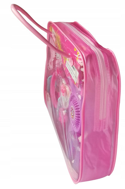 Trusa de Infrumusetare pentru Fetite, KinderVibe, cu Gentuta, Include Uscator cu Sunete, Oglinda, Bigudiuri, Machiaje, Perie de Par, Roz