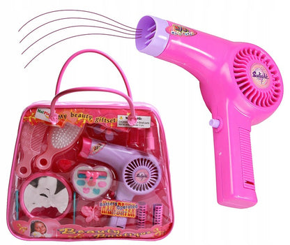 Trusa de Infrumusetare pentru Fetite, KinderVibe, cu Gentuta, Include Uscator cu Sunete, Oglinda, Bigudiuri, Machiaje, Perie de Par, Roz