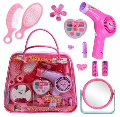 Trusa de Infrumusetare pentru Fetite, KinderVibe, cu Gentuta, Include Uscator cu Sunete, Oglinda, Bigudiuri, Machiaje, Perie de Par, Roz