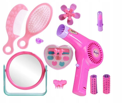 Trusa de Infrumusetare pentru Fetite, KinderVibe, cu Gentuta, Include Uscator cu Sunete, Oglinda, Bigudiuri, Machiaje, Perie de Par, Roz