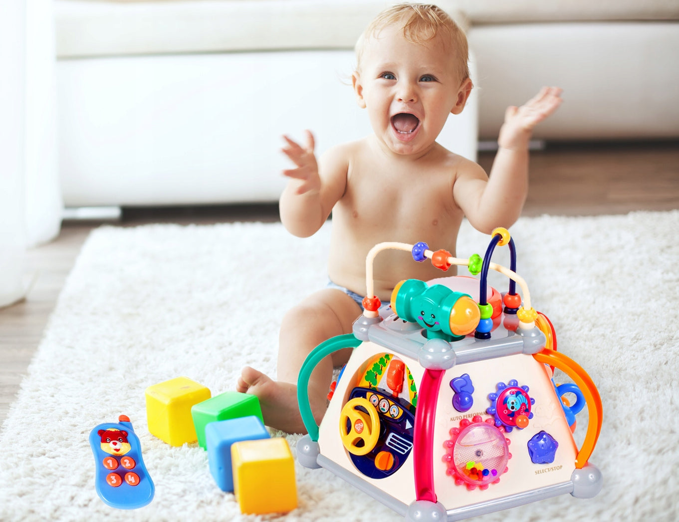 Jucarie Interactiva pentru Bebelusi, Cubul Educativ, Indiggo, Include 5 Panouri de Joaca, 20 de Activitati Diferite, Telefon, Ciocan, Microfon, cu Efecte Luminoase si Sunete, Jucarie Distractiva, 18 luni+, Multicolor