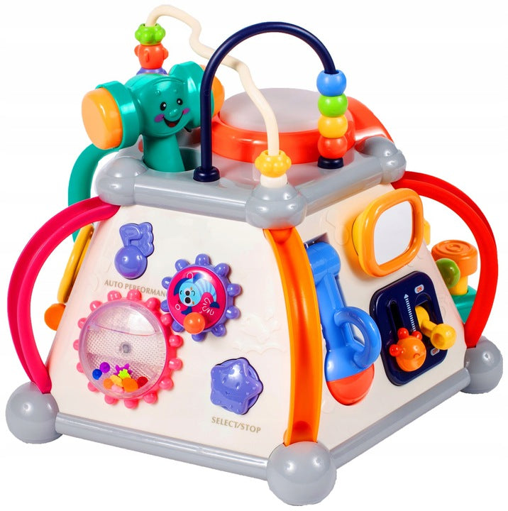 Jucarie Interactiva pentru Bebelusi, Cubul Educativ, Indiggo, Include 5 Panouri de Joaca, 20 de Activitati Diferite, Telefon, Ciocan, Microfon, cu Efecte Luminoase si Sunete, Jucarie Distractiva, 18 luni+, Multicolor