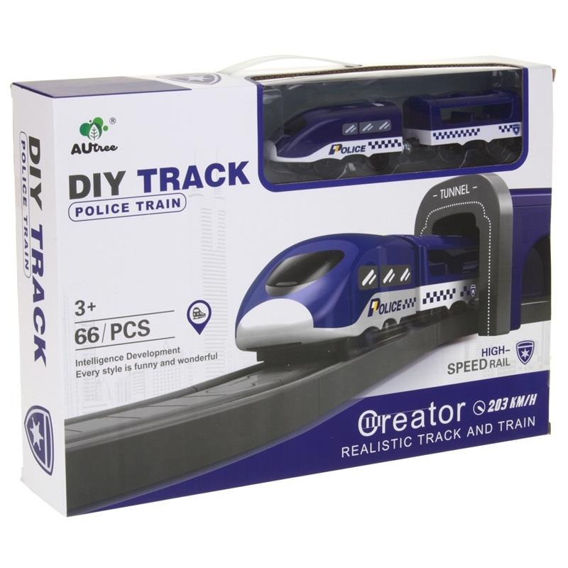 Set Trenulet de Jucarie, PoliceTrain, Locomotiva Electrica, Include Masina de Politie si Elicopter, cu Semne de Circulatie si Politist, 66 Piese, Albastru