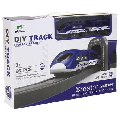 Set Trenulet de Jucarie, PoliceTrain, Locomotiva Electrica, Include Masina de Politie si Elicopter, cu Semne de Circulatie si Politist, 66 Piese, Albastru