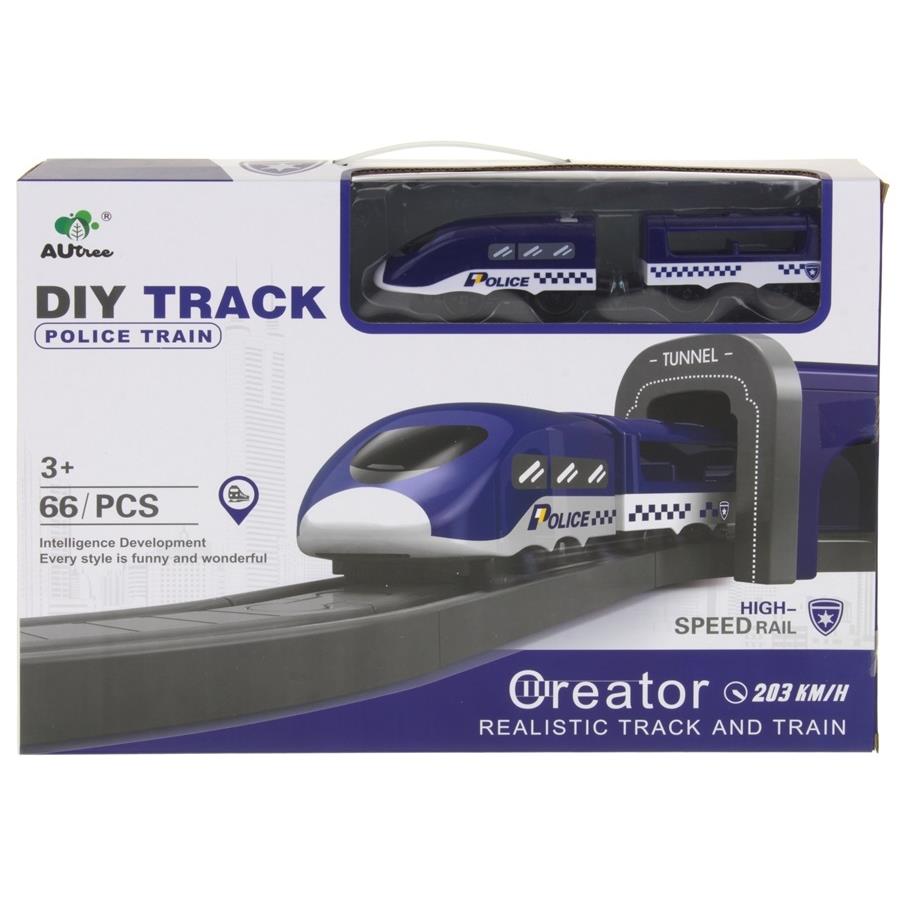 Set Trenulet de Jucarie, PoliceTrain, Locomotiva Electrica, Include Masina de Politie si Elicopter, cu Semne de Circulatie si Politist, 66 Piese, Albastru