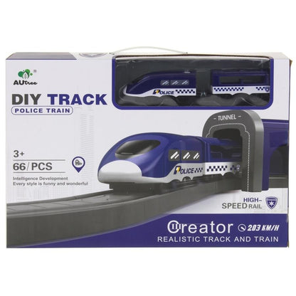 Set Trenulet de Jucarie, PoliceTrain, Locomotiva Electrica, Include Masina de Politie si Elicopter, cu Semne de Circulatie si Politist, 66 Piese, Albastru