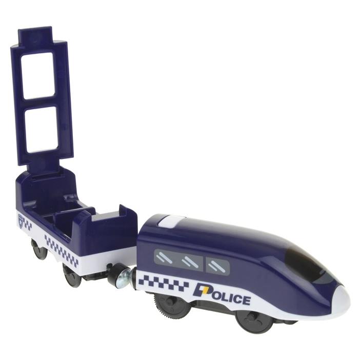 Set Trenulet de Jucarie, PoliceTrain, Locomotiva Electrica, Include Masina de Politie si Elicopter, cu Semne de Circulatie si Politist, 66 Piese, Albastru