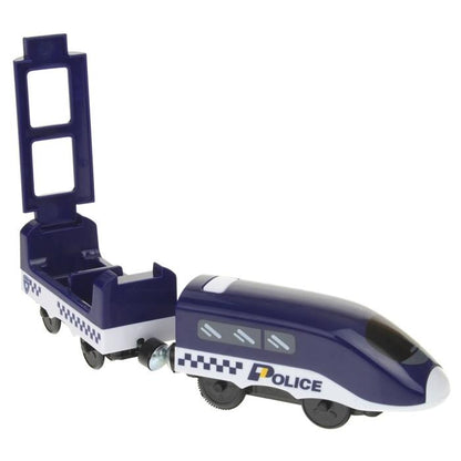 Set Trenulet de Jucarie, PoliceTrain, Locomotiva Electrica, Include Masina de Politie si Elicopter, cu Semne de Circulatie si Politist, 66 Piese, Albastru