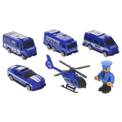 Set Trenulet de Jucarie, PoliceTrain, Locomotiva Electrica, Include Masina de Politie si Elicopter, cu Semne de Circulatie si Politist, 66 Piese, Albastru