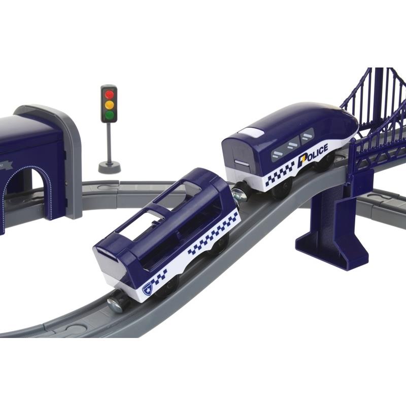 Set Trenulet de Jucarie, PoliceTrain, Locomotiva Electrica, Include Masina de Politie si Elicopter, cu Semne de Circulatie si Politist, 66 Piese, Albastru